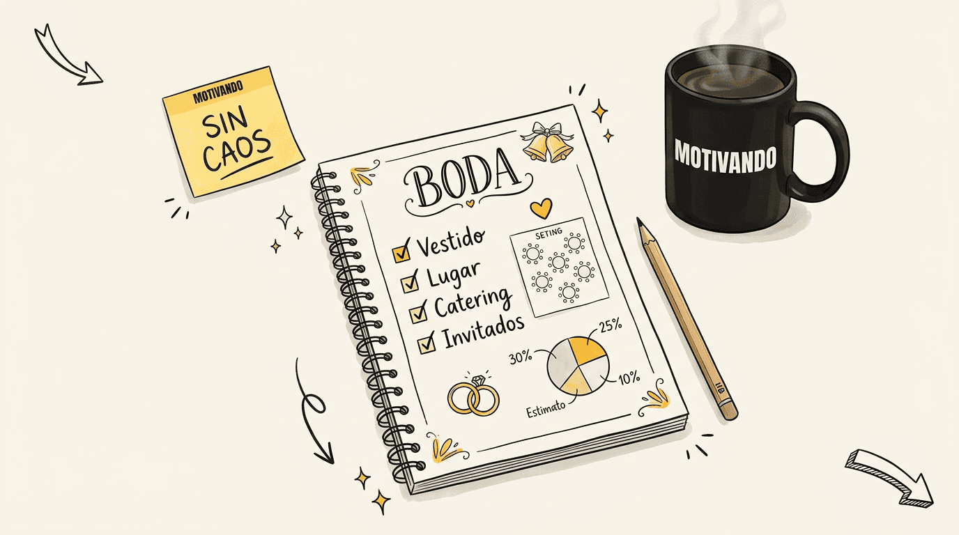 Cuaderno con plan de boda paso a paso, checklist y presupuesto, taza Motivando