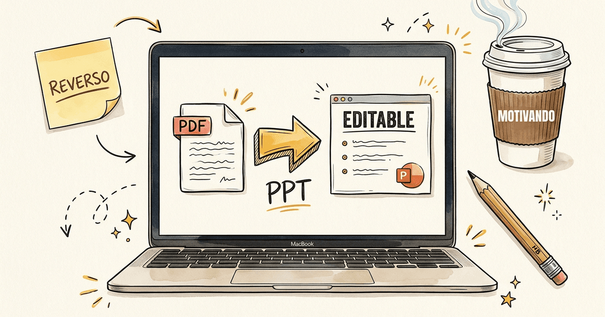 Laptop convirtiendo PDF a PowerPoint editable con flecha de transformación, vaso Motivando