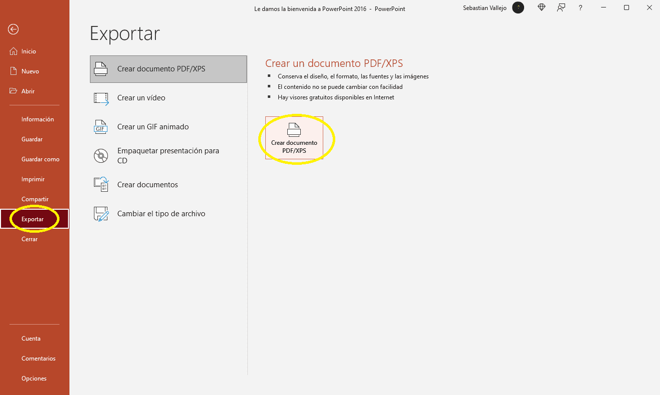 Proceso para convertir PowerPoint a PDF mostrando los pasos de exportación con flechas indicativas