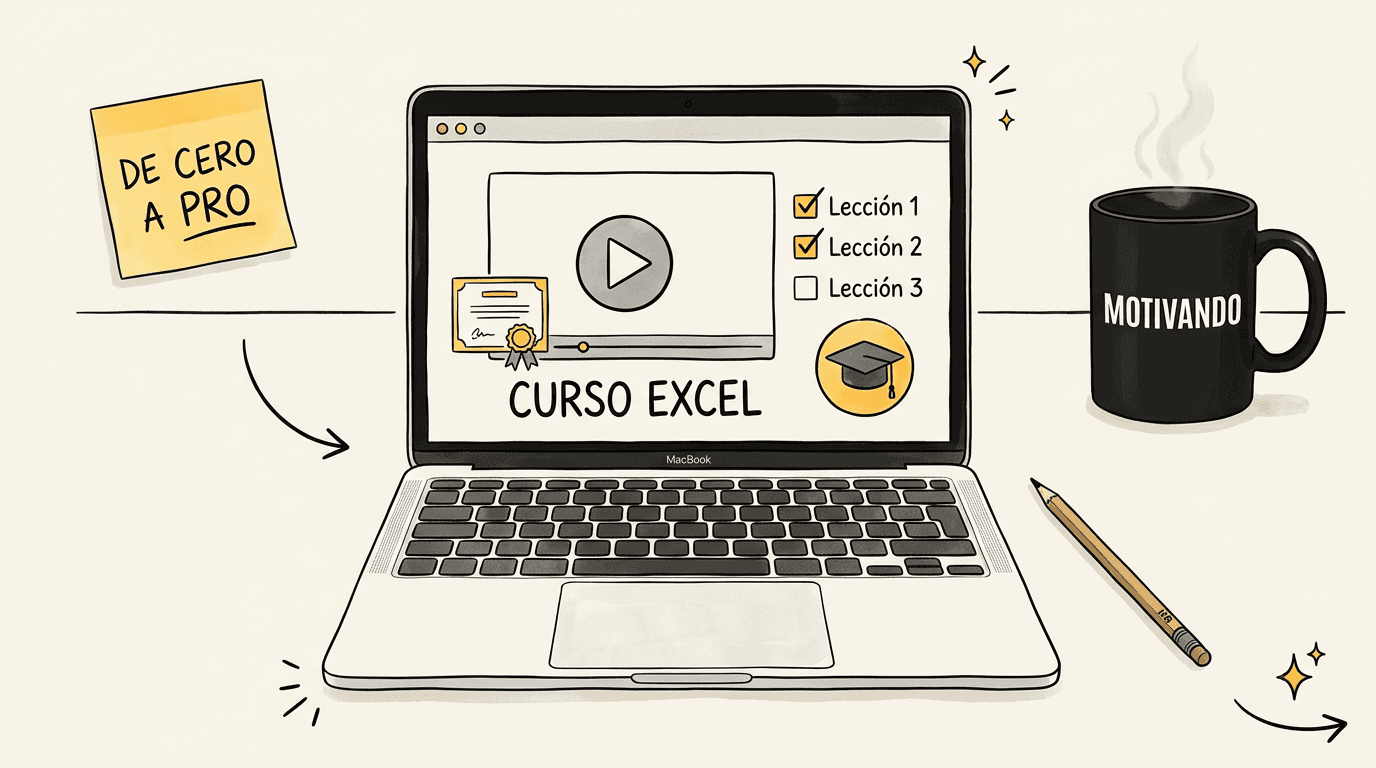 Persona aprendiendo Excel online con laptop y certificado, taza Motivando