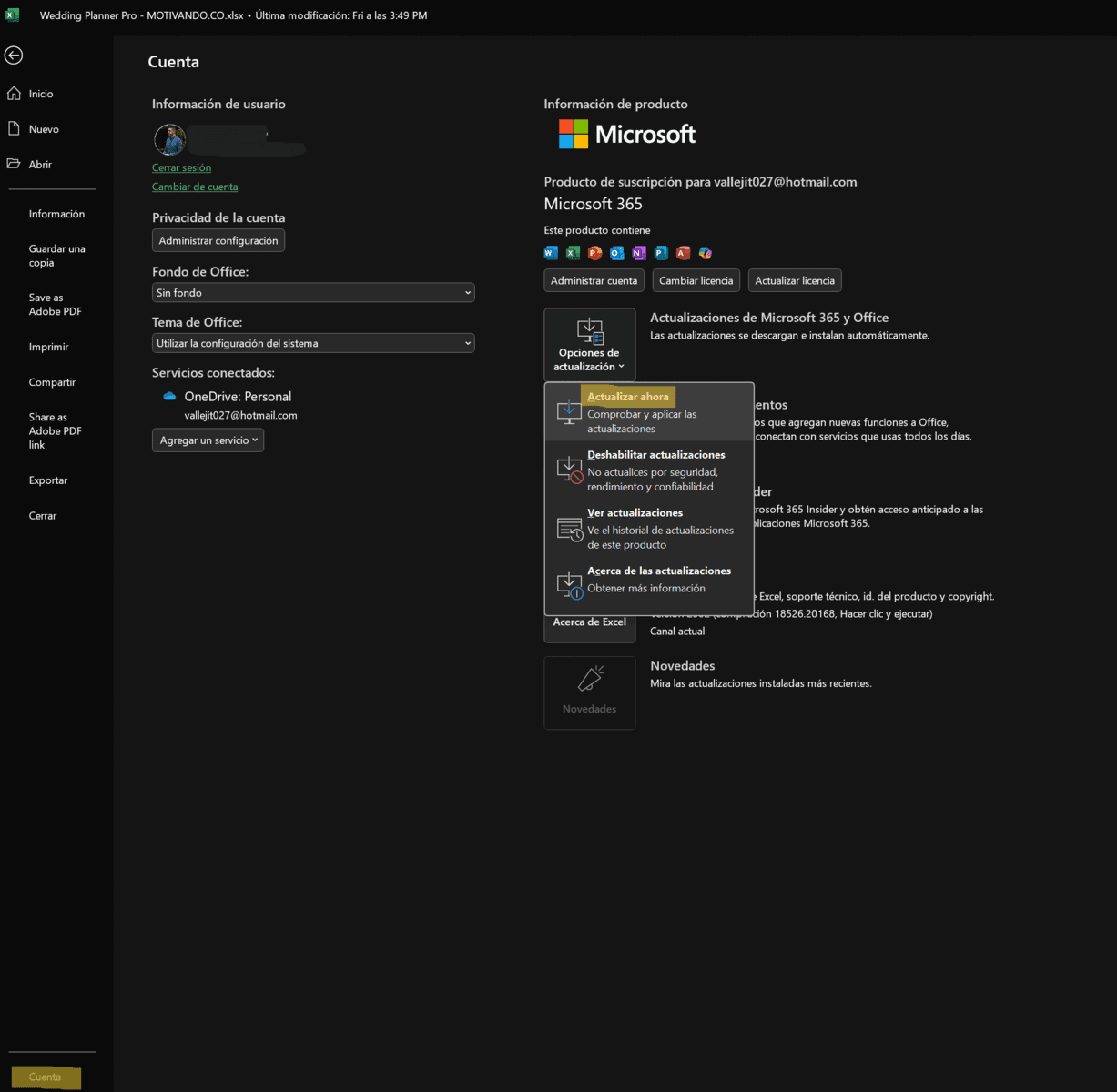 Captura de pantalla mostrando la opción de Actualizar Ahora en la sección Cuenta de Excel