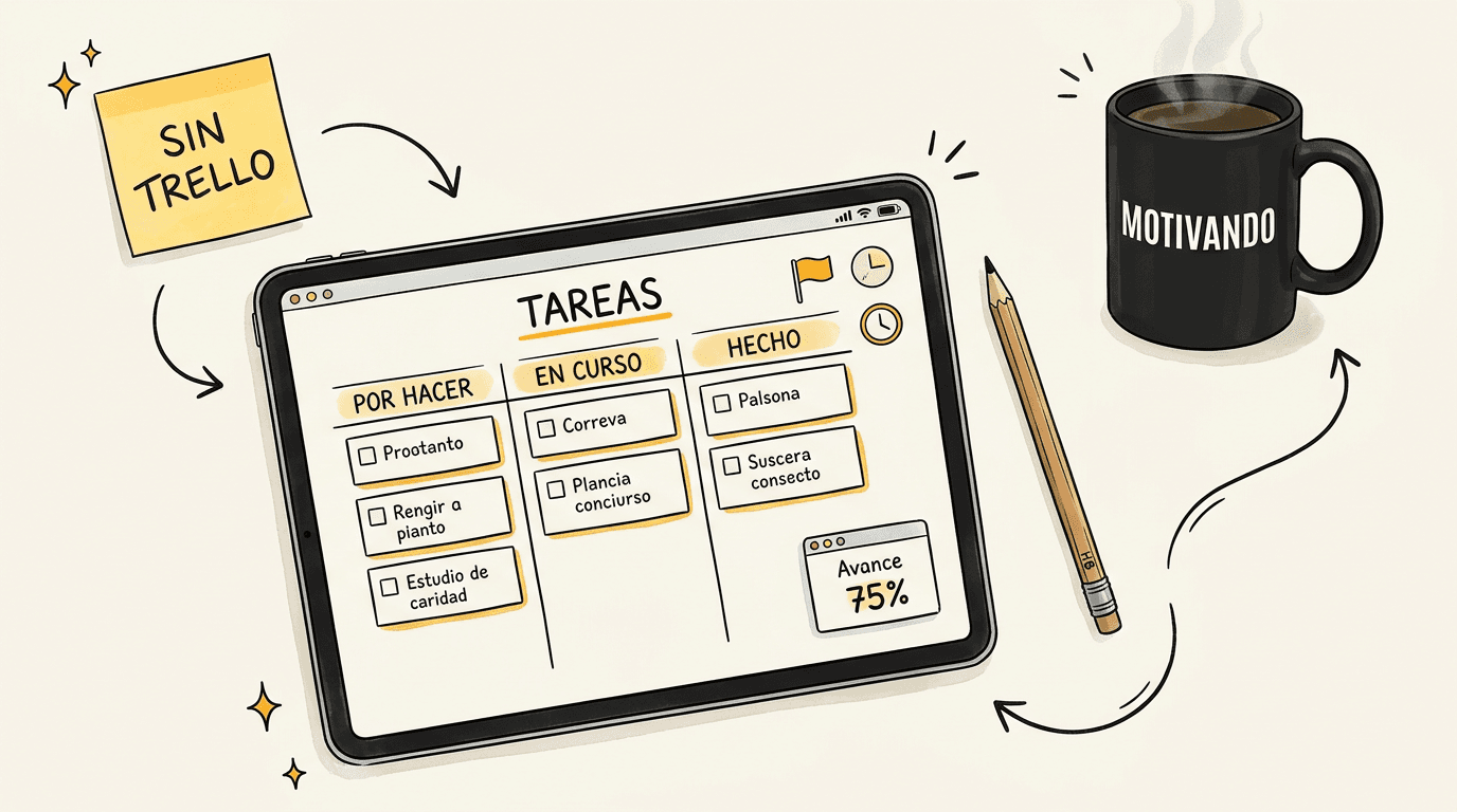 Tablero de gestión de tareas en Excel con responsables y prioridades, taza Motivando