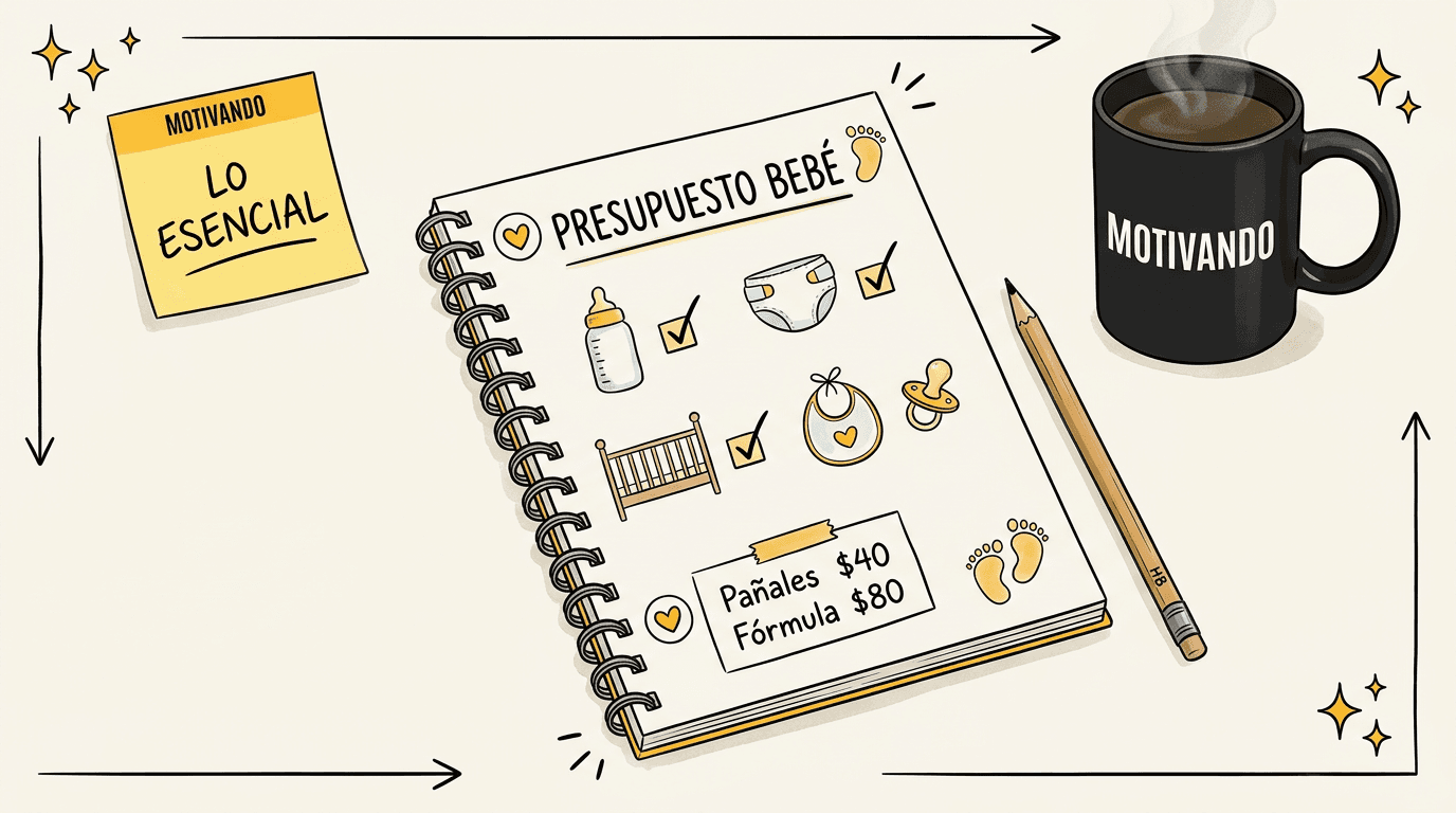 Cuna con cosas necesarias para el bebé y checklist en cuaderno, taza Motivando