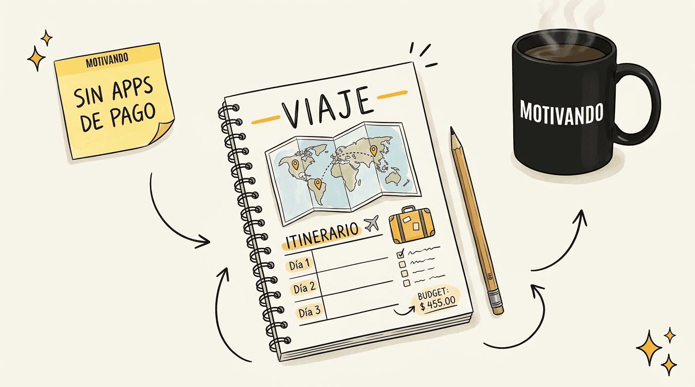 Mapa de viaje con itinerario en Excel y maleta, taza Motivando
