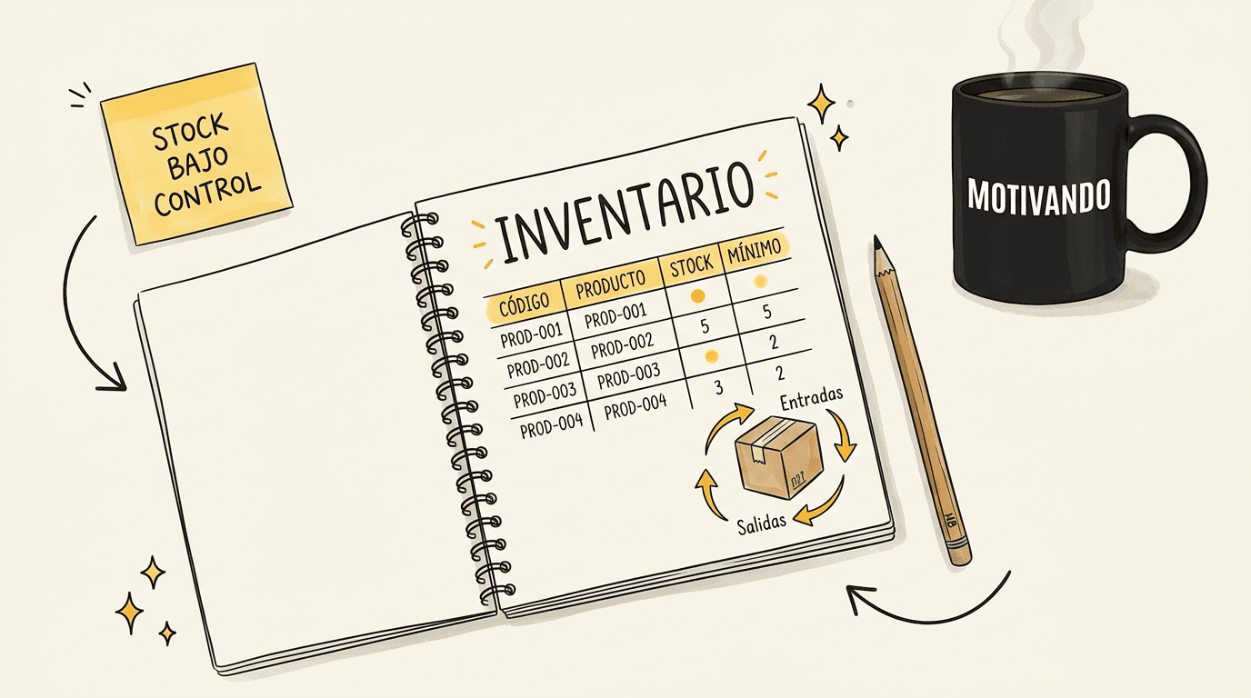 Plantilla de inventario en Excel con control de stock abierta en laptop, taza Motivando