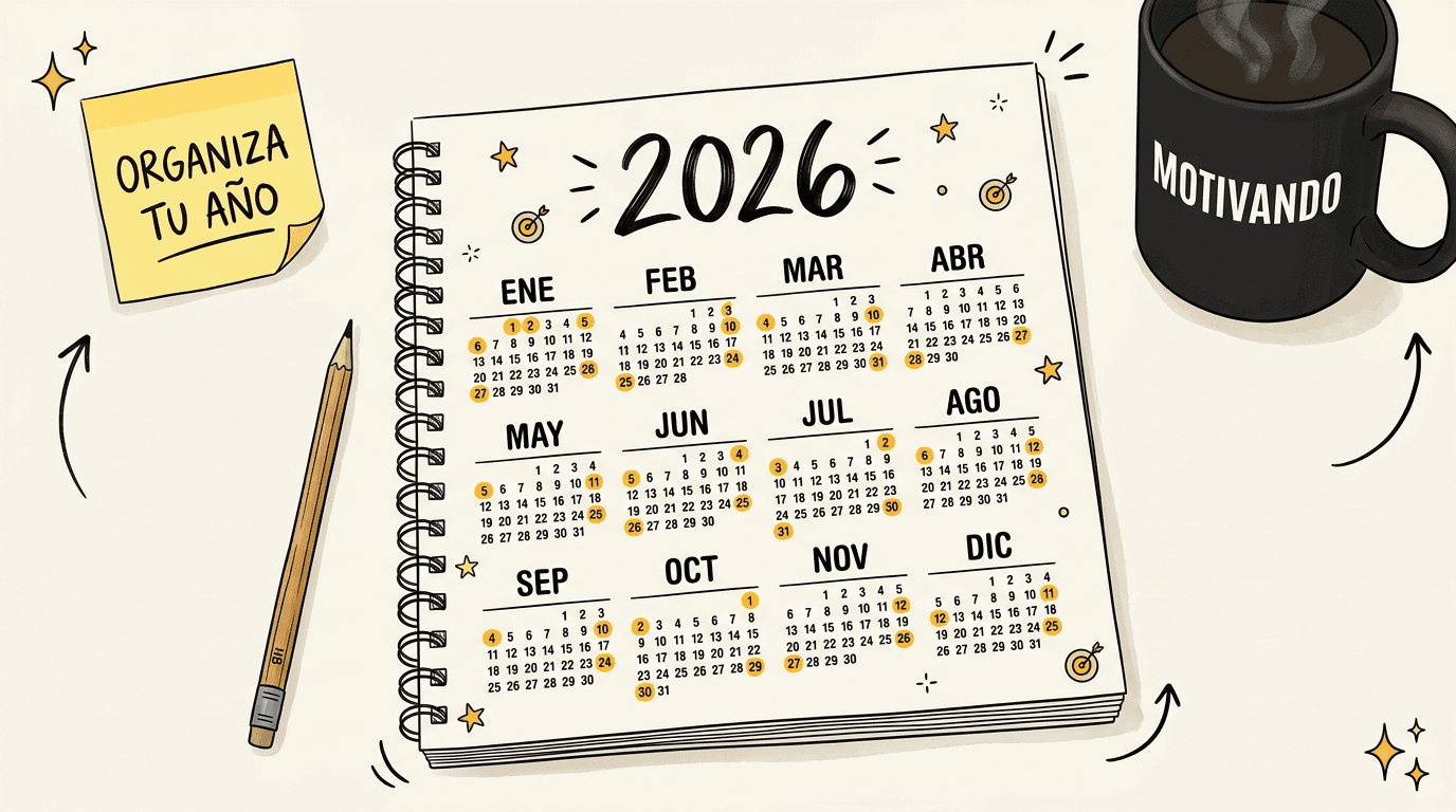 Calendario 2026 en Excel impreso sobre escritorio con plumones, taza Motivando
