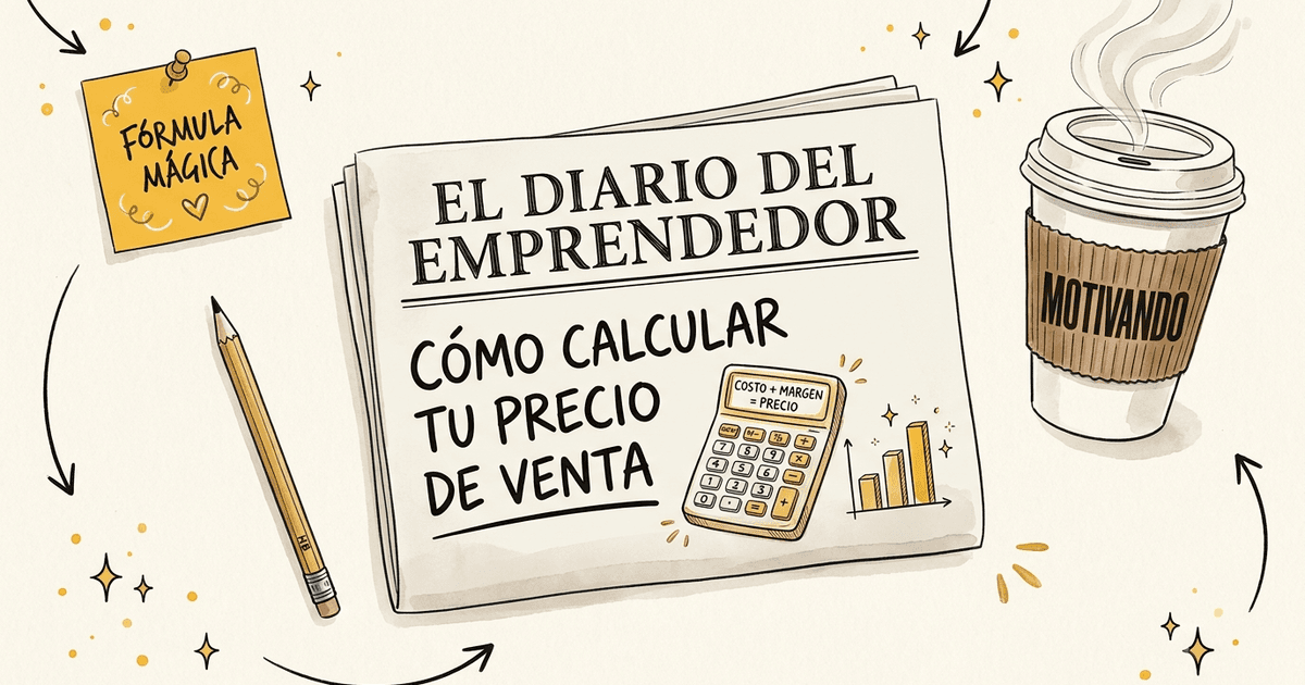 Periódico El Diario del Emprendedor explicando cómo calcular el precio de venta con calculadora, vaso Motivando