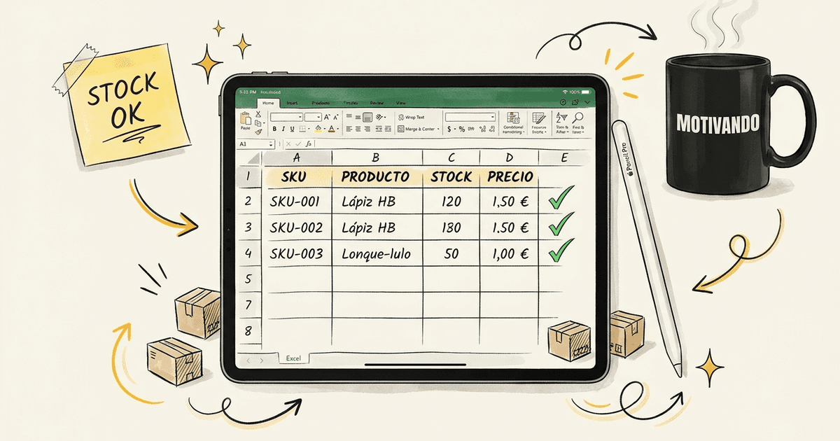 iPad con guía paso a paso de cómo hacer un inventario en Excel para emprendedores, taza Motivando