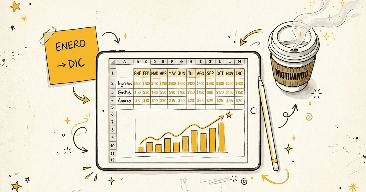iPad con plantilla anual de cómo hacer un presupuesto en Excel y gráfico mensual, vaso Motivando