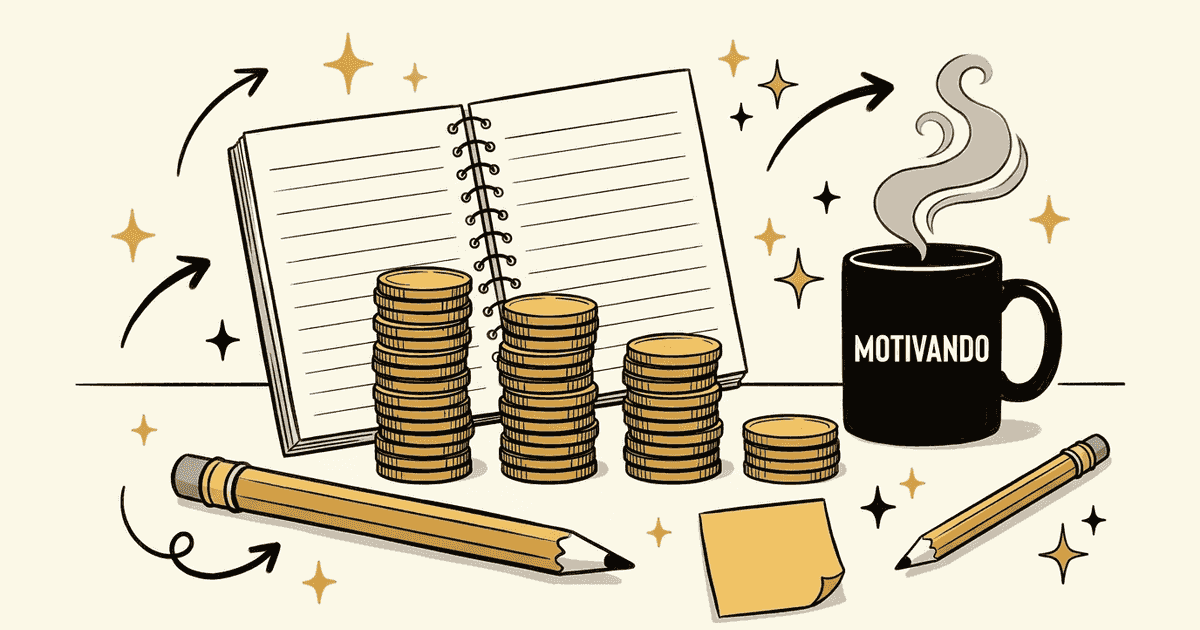 Pilas de monedas de distinto tamaño junto a un cuaderno sobre cómo saber si mi negocio es rentable (sin ponerte sueldo), taza Motivando