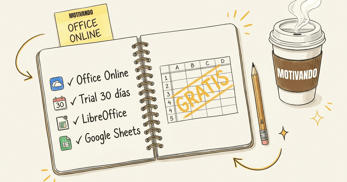 Cuaderno con guía paso a paso para tener Excel gratis sin pagar licencia, vaso Motivando