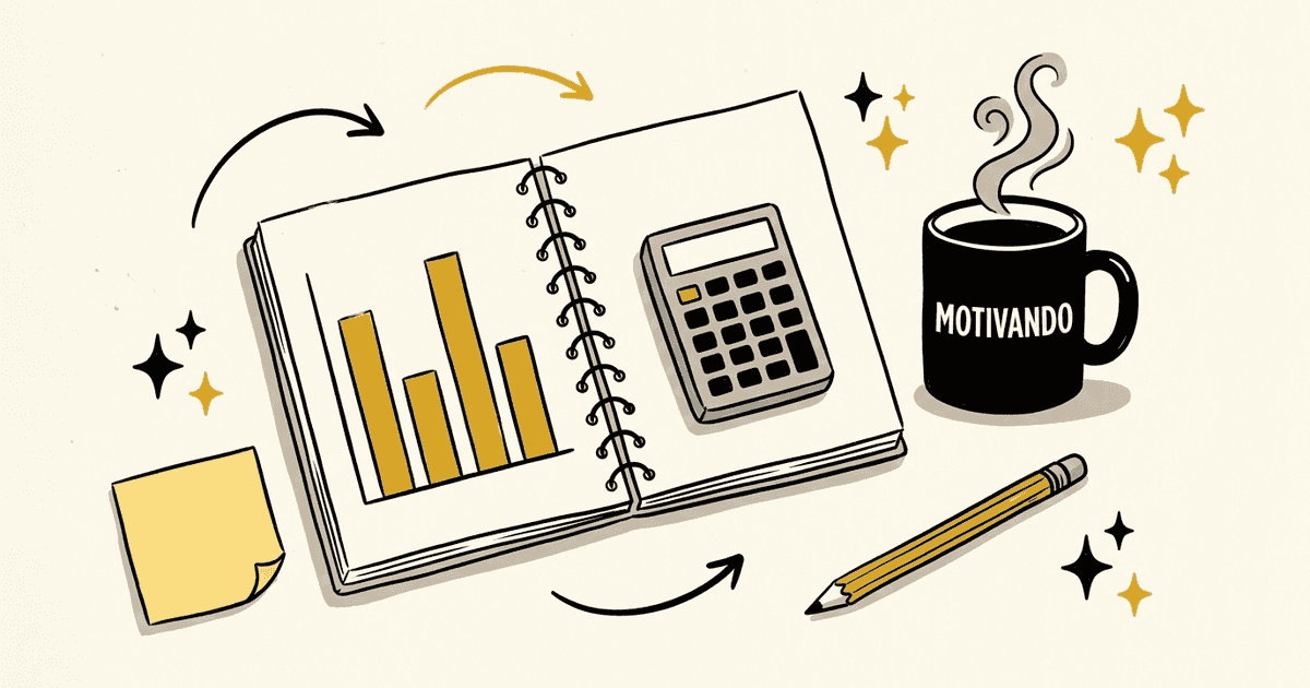 Cuaderno con gráfico de barras y calculadora sobre costos fijos y variables ejemplos para negocios en Ecuador, taza Motivando