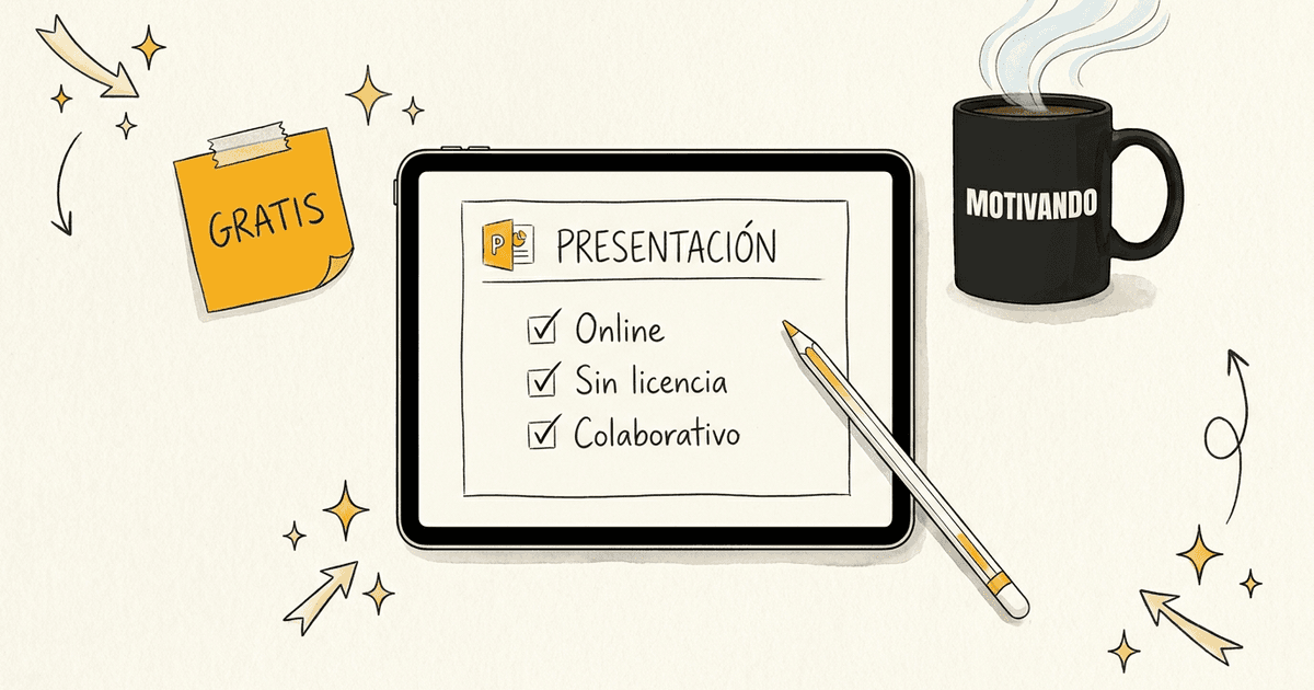 iPad con slide de PowerPoint gratis y opciones legales para descargar Office junto a taza Motivando