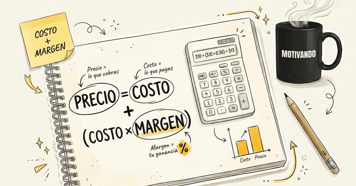 Cuaderno con fórmula del precio de venta paso a paso y pizarra de cálculo, taza Motivando