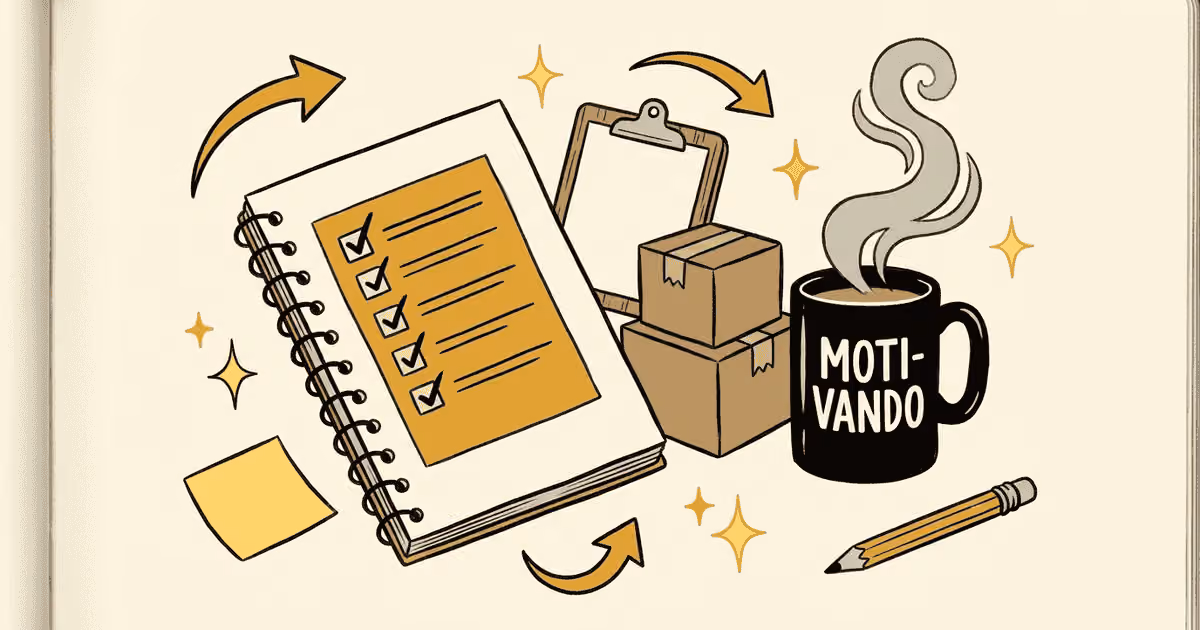 Cuaderno con checklist y cajas de inventario sobre kardex de inventario: guía práctica para pymes, taza Motivando