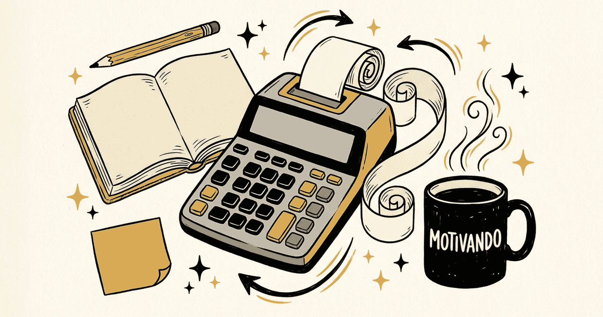 Calculadora con cinta de papel y cuaderno sobre libro diario contabilidad ejemplo: asientos paso a paso, taza Motivando