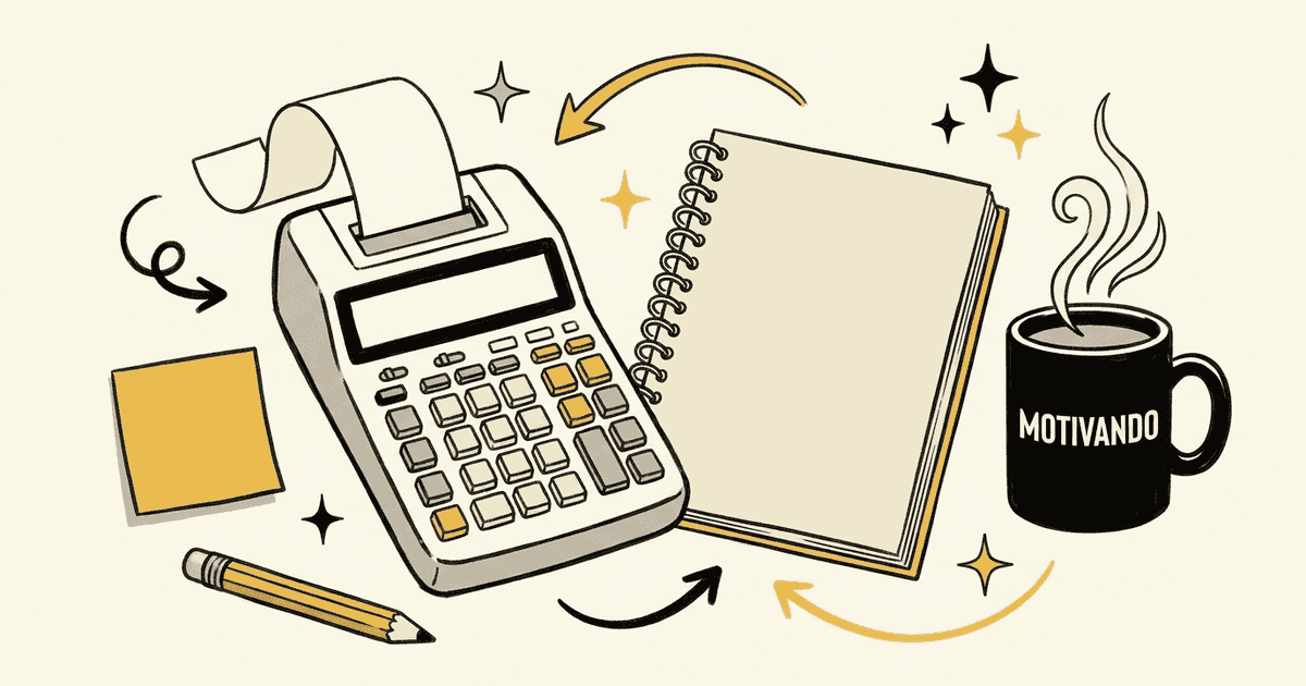 Calculadora con cinta de papel y cuaderno sobre presupuesto para un negocio: ejemplo paso a paso en Ecuador, taza Motivando