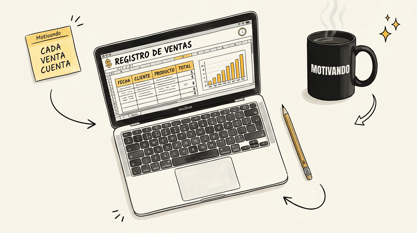 Registro de ventas en Excel con gráfico de ventas mensuales, taza Motivando