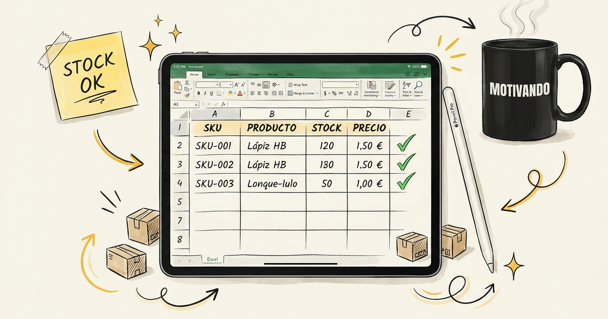 iPad con guía paso a paso de cómo hacer un inventario en Excel para emprendedores, taza Motivando