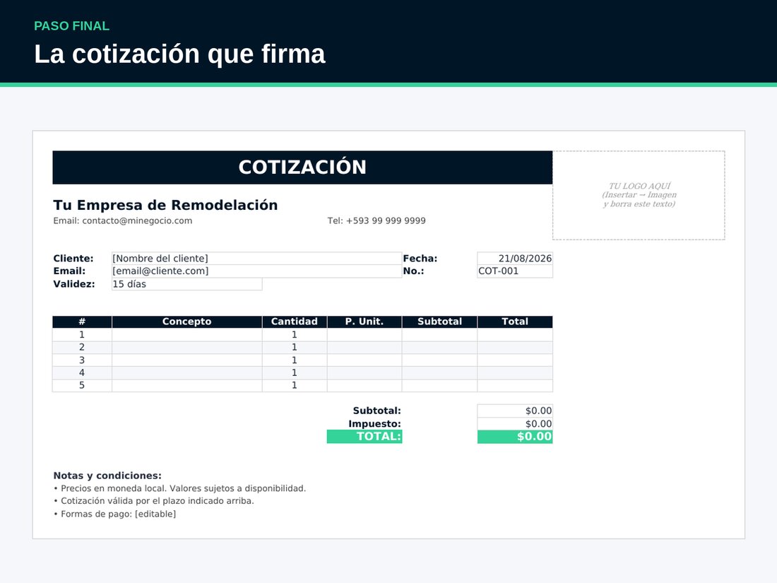 Captura real: 54 materiales de remodelación precargados
