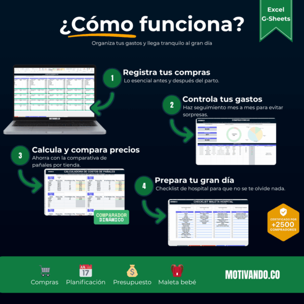 Presupuesto Para Bebé | Plantilla para Excel y Google Sheets | Control Visual de Gastos, Compras y Checklist de Hospital
