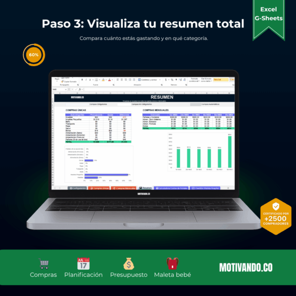Presupuesto Para Bebé | Plantilla para Excel y Google Sheets | Control Visual de Gastos, Compras y Checklist de Hospital