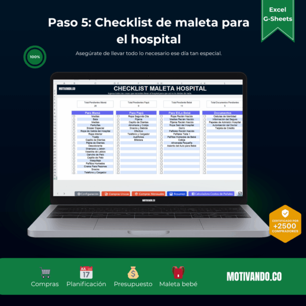 Presupuesto Para Bebé | Plantilla para Excel y Google Sheets | Control Visual de Gastos, Compras y Checklist de Hospital