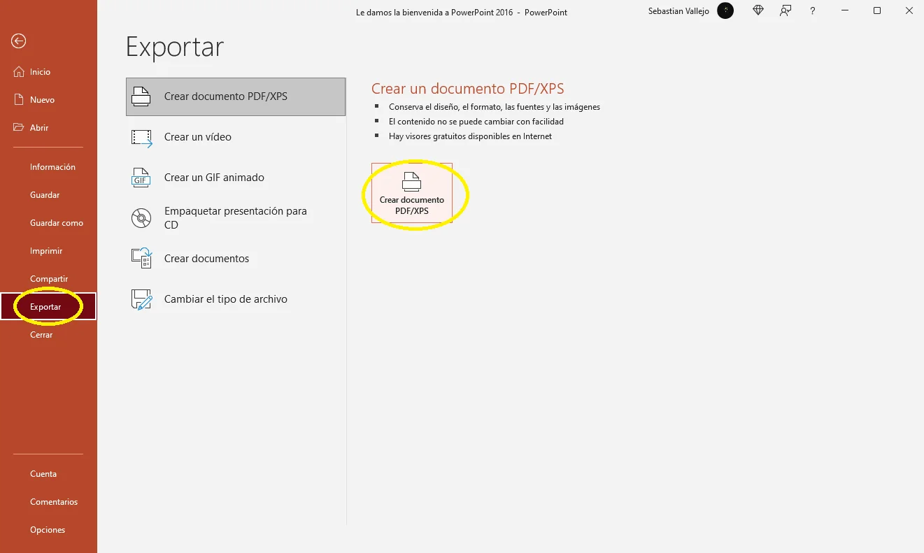 Proceso para convertir PowerPoint a PDF mostrando los pasos de exportación con flechas indicativas