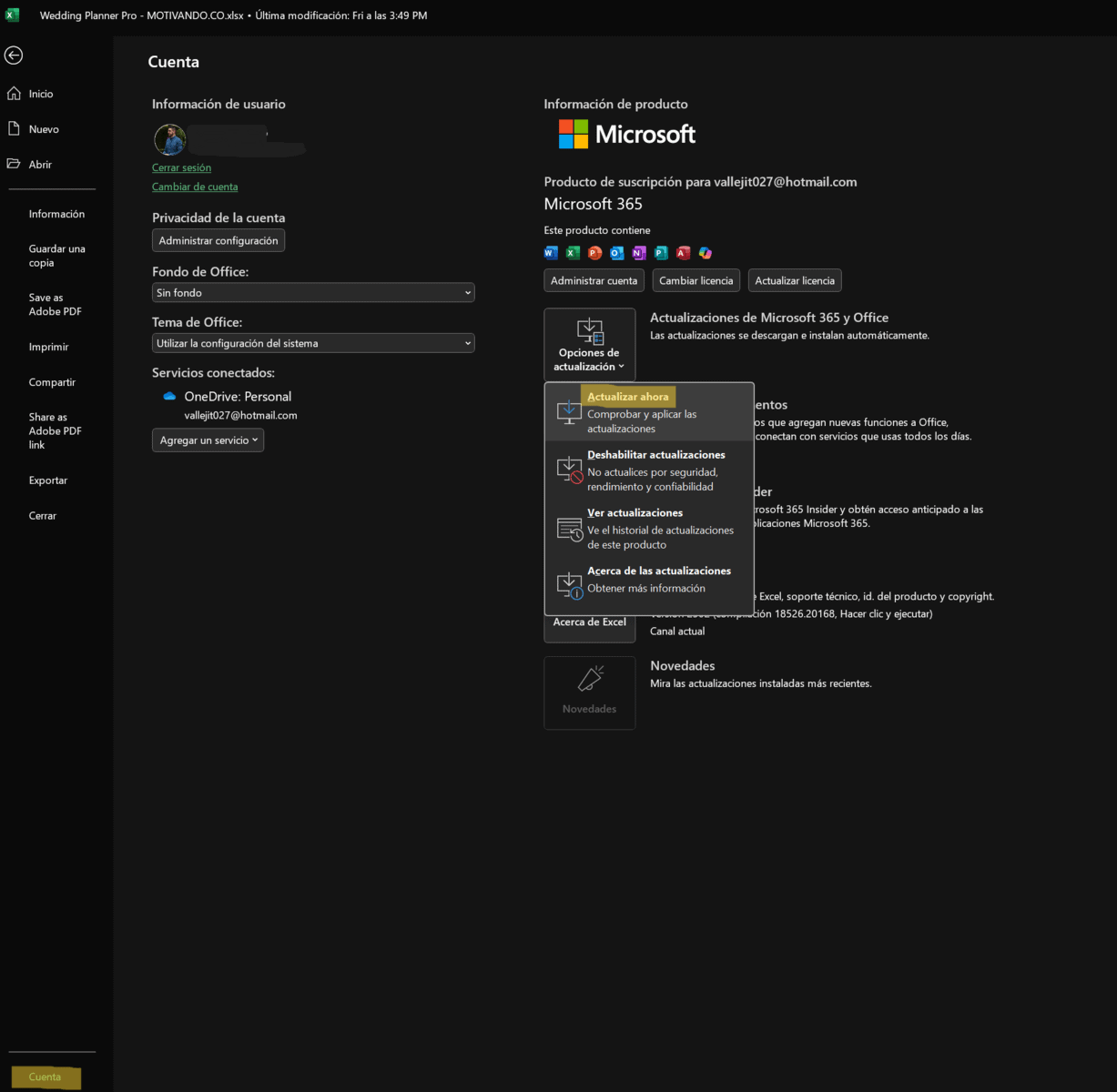 Guía Completa: Cómo Descargar Excel Gratis y Mantenerlo Actualizado 2 Captura de pantalla mostrando la opción de Actualizar Ahora en la sección Cuenta de Excel
