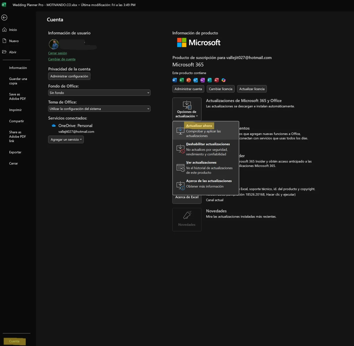 Guía Completa: Cómo Descargar Excel Gratis y Mantenerlo Actualizado 2 Captura de pantalla mostrando la opción de Actualizar Ahora en la sección Cuenta de Excel