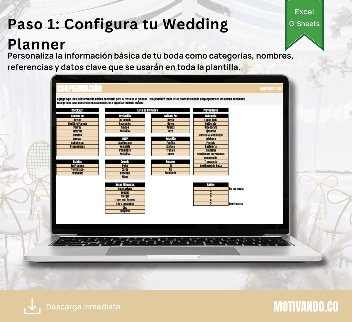 Wedding Planner Pro | Plantilla para Excel y Google Sheets | Organizador Completo de Bodas con Presupuesto, Invitados, Mesas y Timeline