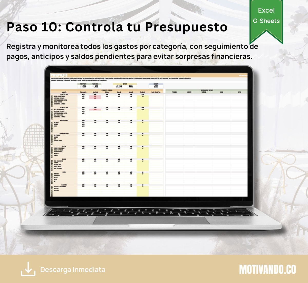 Wedding Planner Pro | Plantilla para Excel y Google Sheets | Organizador Completo de Bodas con Presupuesto, Invitados, Mesas y Timeline