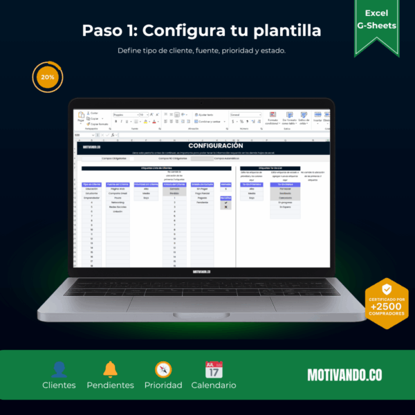 Seguimiento de Clientes | Plantilla para Excel y Google Sheets | CRM Visual con To Do List y Calendario