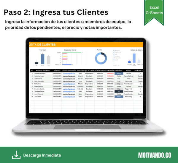 Seguimiento de Clientes | Plantilla para Excel y Google Sheets | CRM Simple con Lista de Contactos, To Do List y Calendario