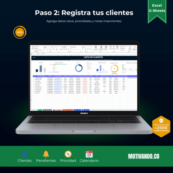 Seguimiento de Clientes | Plantilla para Excel y Google Sheets | CRM Visual con To Do List y Calendario