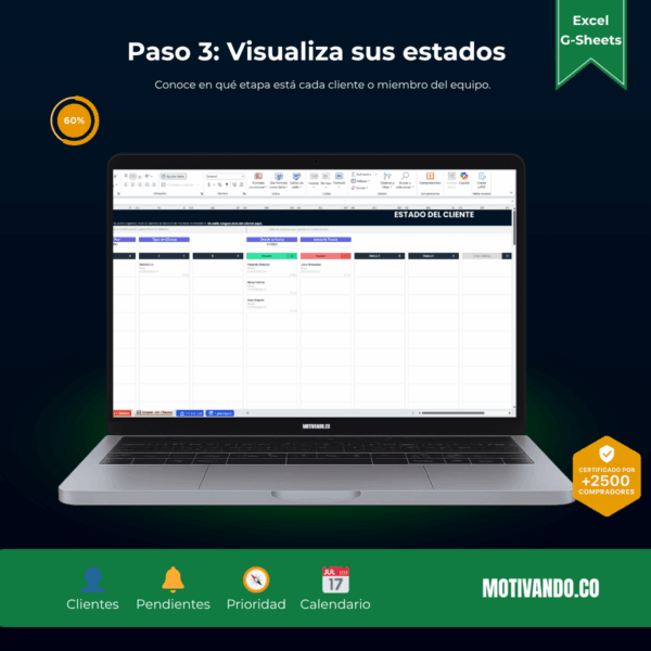 Seguimiento de Clientes | Plantilla para Excel y Google Sheets | CRM Visual con To Do List y Calendario