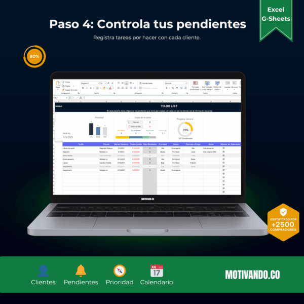 Seguimiento de Clientes | Plantilla para Excel y Google Sheets | CRM Visual con To Do List y Calendario