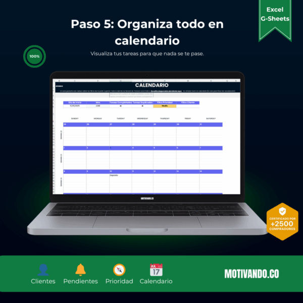 Seguimiento de Clientes | Plantilla para Excel y Google Sheets | CRM Visual con To Do List y Calendario